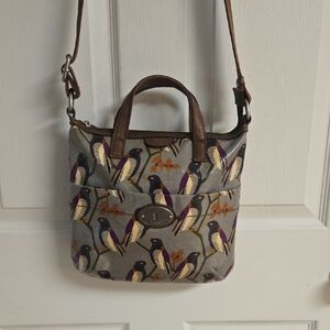 Vintage Fossil Gray and Brown Bird Print Crossbody Bag